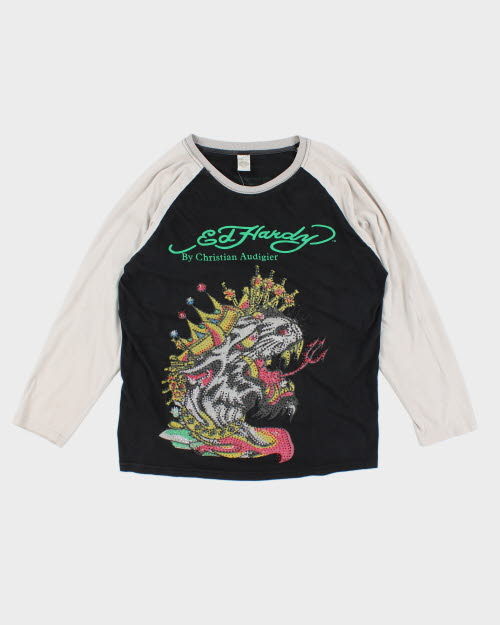Vintage Y2K Ed Hardy Sequin Tiger Long-sleeved T-Shirt - XXL