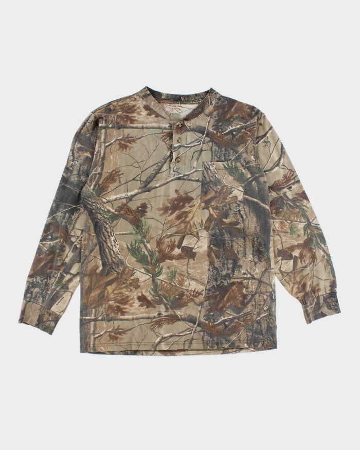 Y2k 00s Realtree Camouflage Quarter Button Long Sleeve T-shirt - M