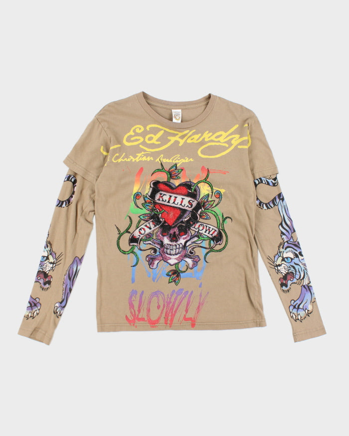 Y2k 00s Ed Hardy Rhinestone Graphic Long Sleeve T-shirt - S