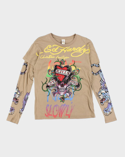 Y2k 00s Ed Hardy Rhinestone Graphic Long Sleeve T-shirt - S