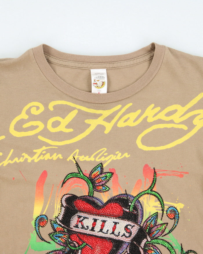 Y2k 00s Ed Hardy Rhinestone Graphic Long Sleeve T-shirt - S – Rokit