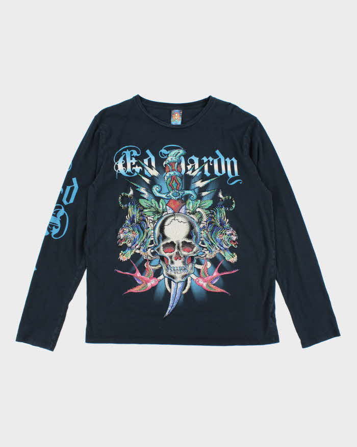 Vintage Y2K Ed Hardy Sequined Graphic Long-sleeved T-Shirt - XL