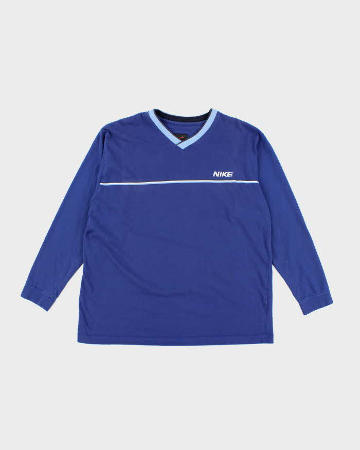 Vintage 90's Nike V-Neck Embroidered Logo Long-sleeved T-Shirt - L