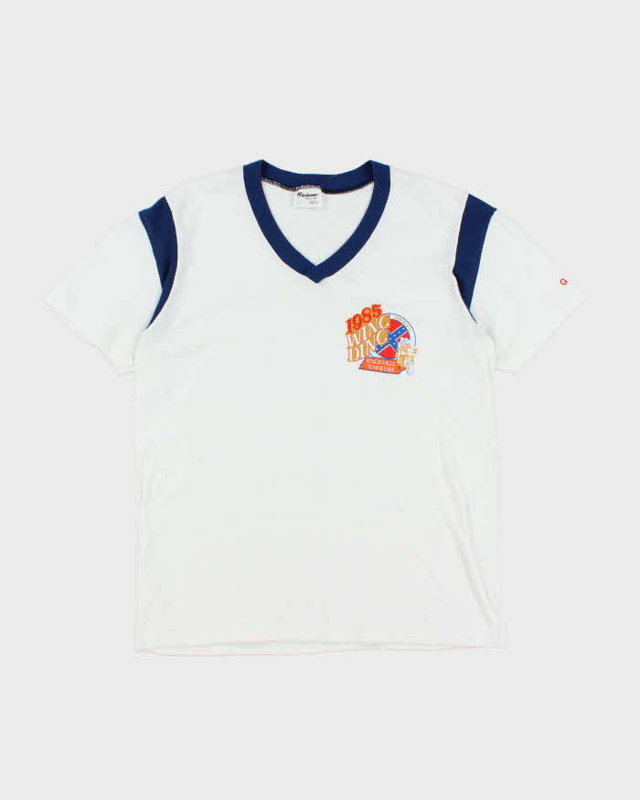 Vintage 80's Wing Ding Biker Graphic V-Neck T-Shirt - L