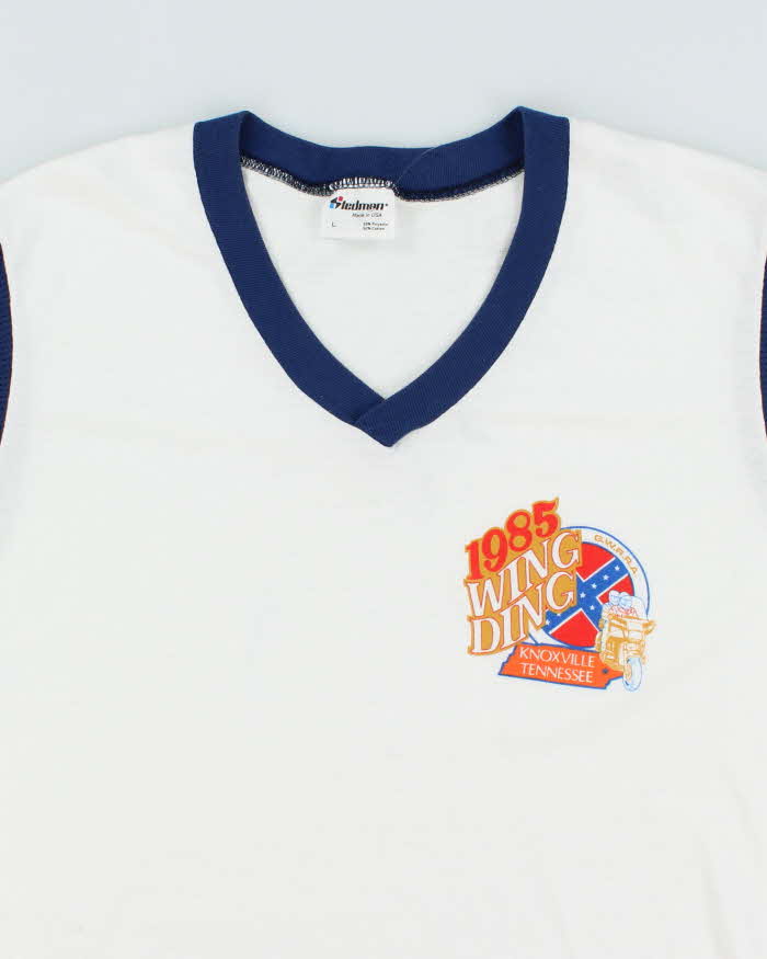 Vintage 80's Wing Ding Biker Graphic V-Neck T-Shirt - L