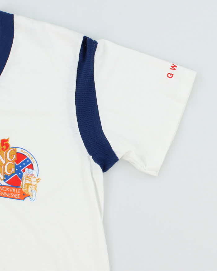 Vintage 80's Wing Ding Biker Graphic V-Neck T-Shirt - L