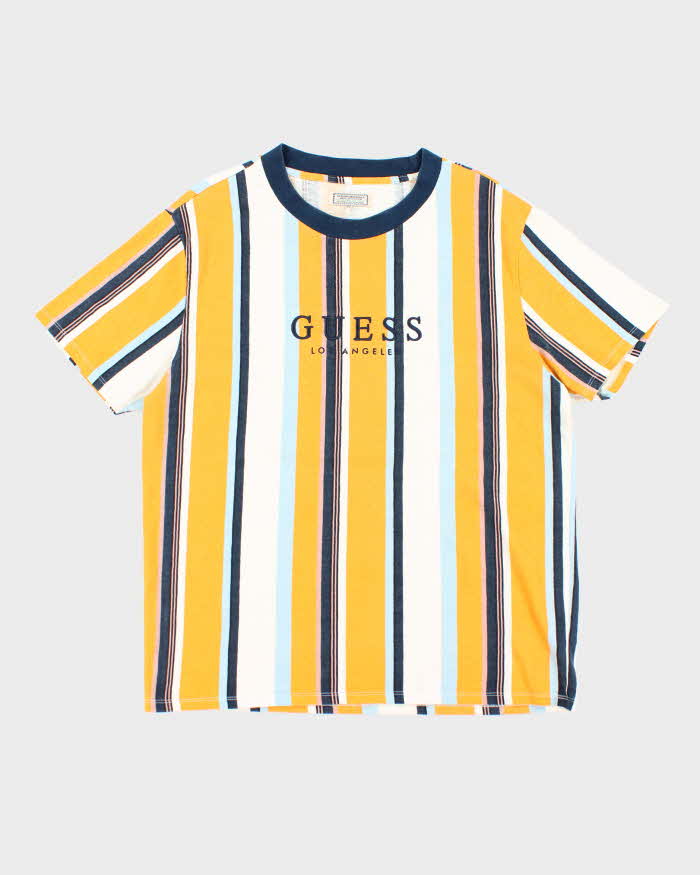 Vintage 90's Guess Striped Embroidered Logo T-Shirt - L