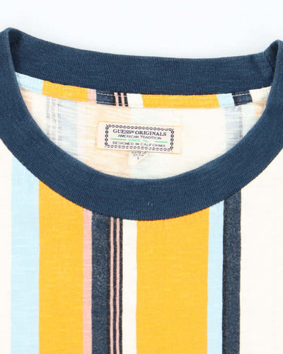 Vintage 90's Guess Striped Embroidered Logo T-Shirt - L