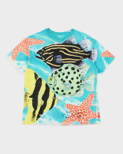 Vintage 90's Single Stitch Painted Fishes All Over Print T-Shirt - M