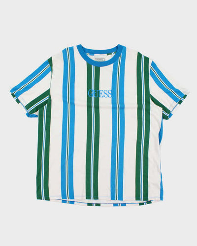 Vintage 90's Guess Striped Embroidered Logo T-Shirt - XL