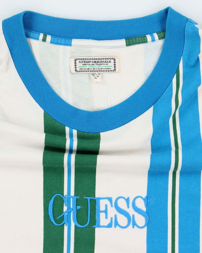 Vintage 90's Guess Striped Embroidered Logo T-Shirt - XL