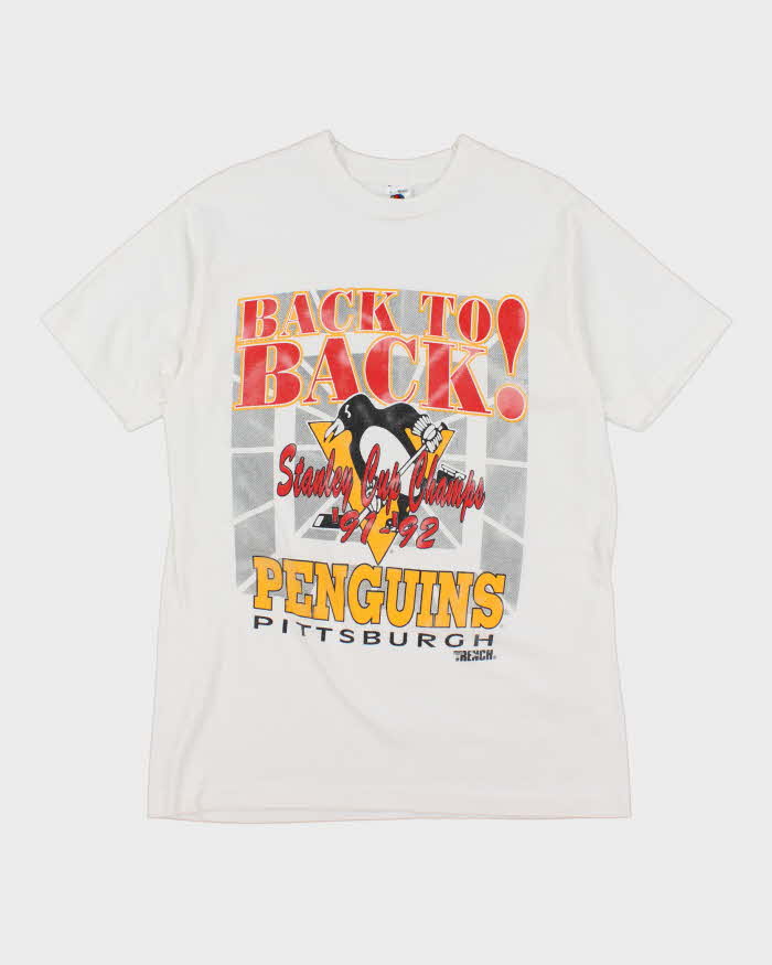 Vintage Early 90s White Pittsburg Penguins Stanley Cup Print T-Shirt - L
