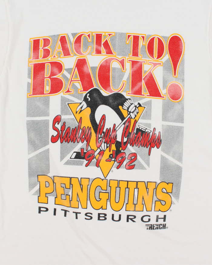 Vintage Early 90s White Pittsburg Penguins Stanley Cup Print T-Shirt - L