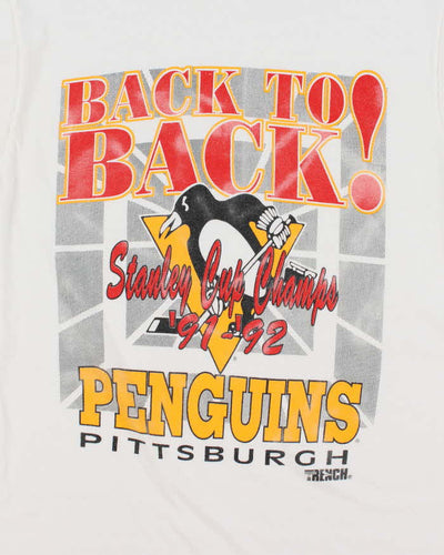 Vintage Early 90s White Pittsburg Penguins Stanley Cup Print T-Shirt - L