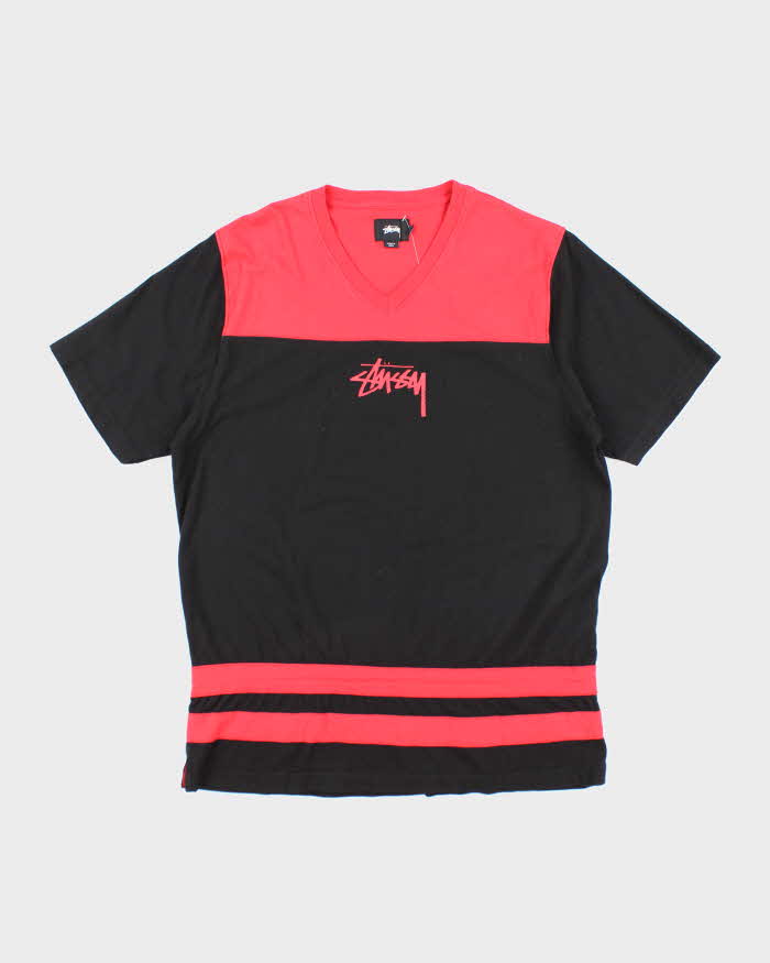 Vintage Stussy Two Tone Centre Graphic V-Neck T-Shirt - XL