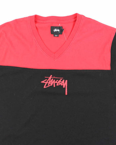 Vintage Stussy Two Tone Centre Graphic V-Neck T-Shirt - XL