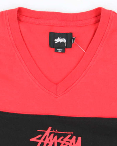 Vintage Stussy Two Tone Centre Graphic V-Neck T-Shirt - XL