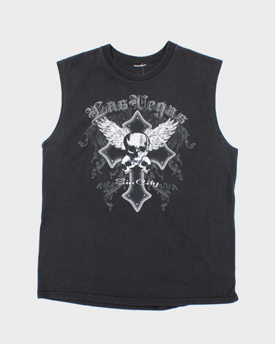 Vintage Y2K Las Vega Sin City Gothic Print Cut Off T-Shirt - L