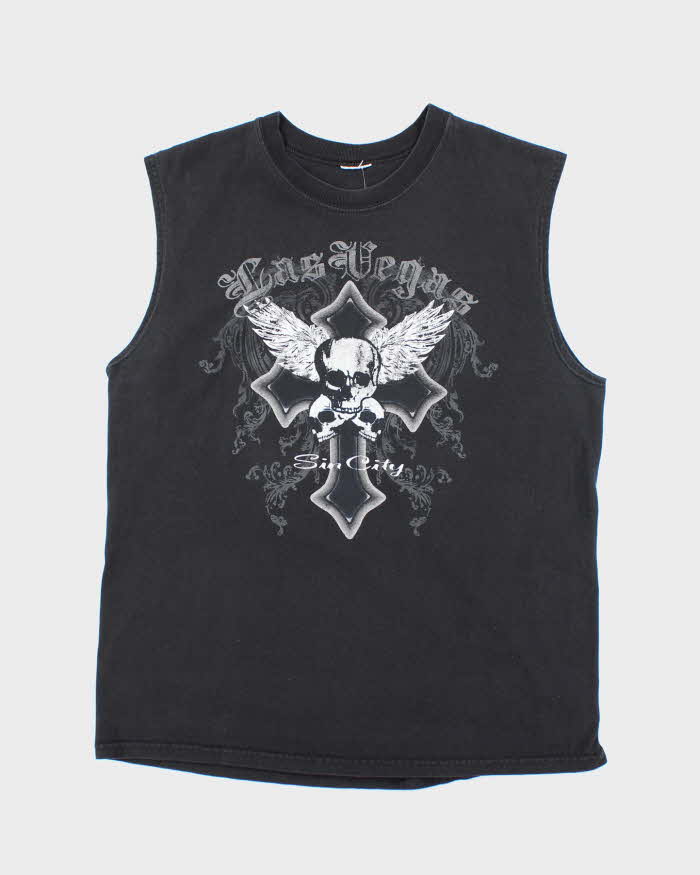 Vintage Y2K Las Vega Sin City Gothic Print Cut Off T-Shirt - L