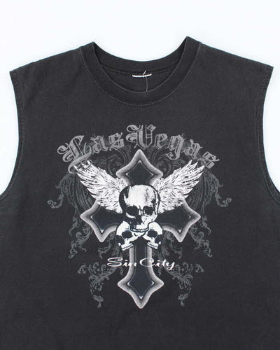 Vintage Y2K Las Vega Sin City Gothic Print Cut Off T-Shirt - L