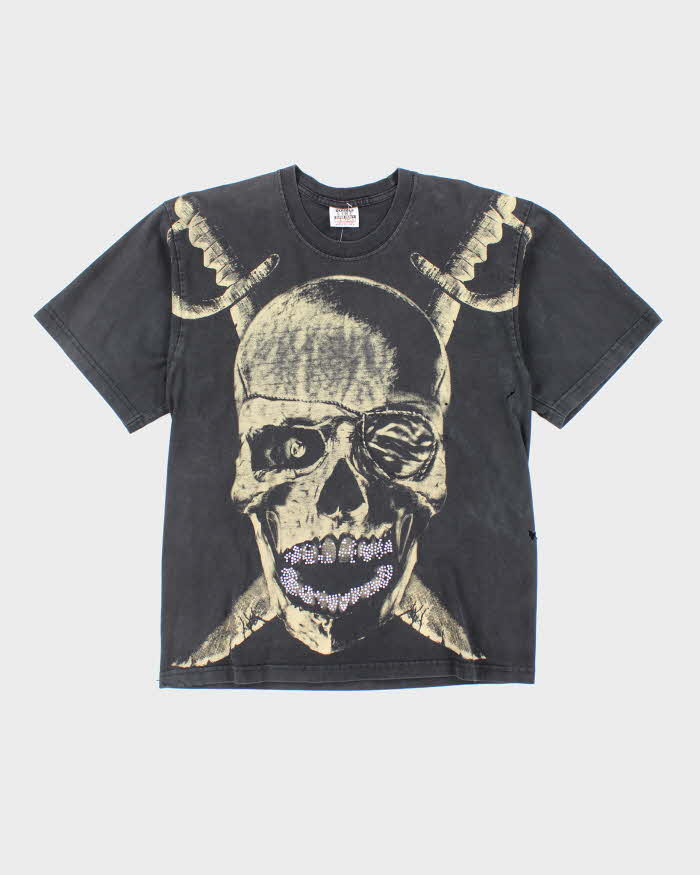 Vintage Y2K Pirate Skull Distressed Graphic T-Shirt - L