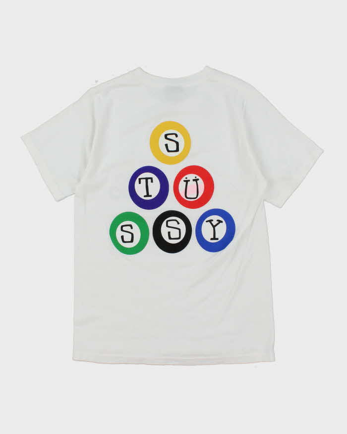 Vintage 2000's Stussy Pool Ball Spell Out Graphic T-Shirt - XS