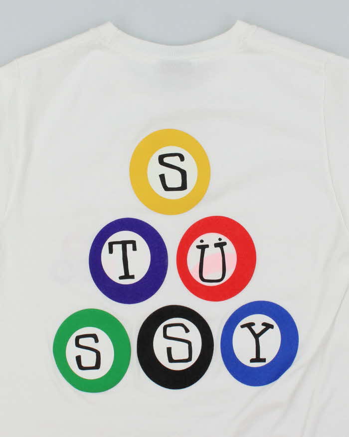 Vintage 2000's Stussy Pool Ball Spell Out Graphic T-Shirt - XS