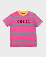 Vintage 90's Guess Embroidered Logo Striped T-Shirt - L
