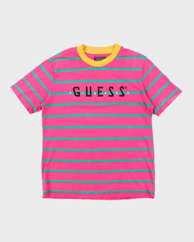 Vintage 90's Guess Embroidered Logo Striped T-Shirt - L
