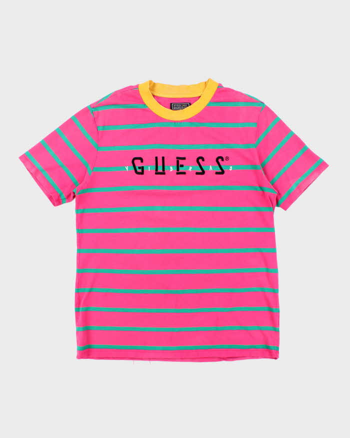 Vintage 90's Guess Embroidered Logo Striped T-Shirt - L