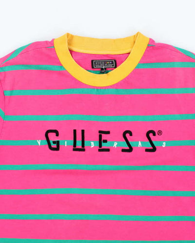 Vintage 90's Guess Embroidered Logo Striped T-Shirt - L