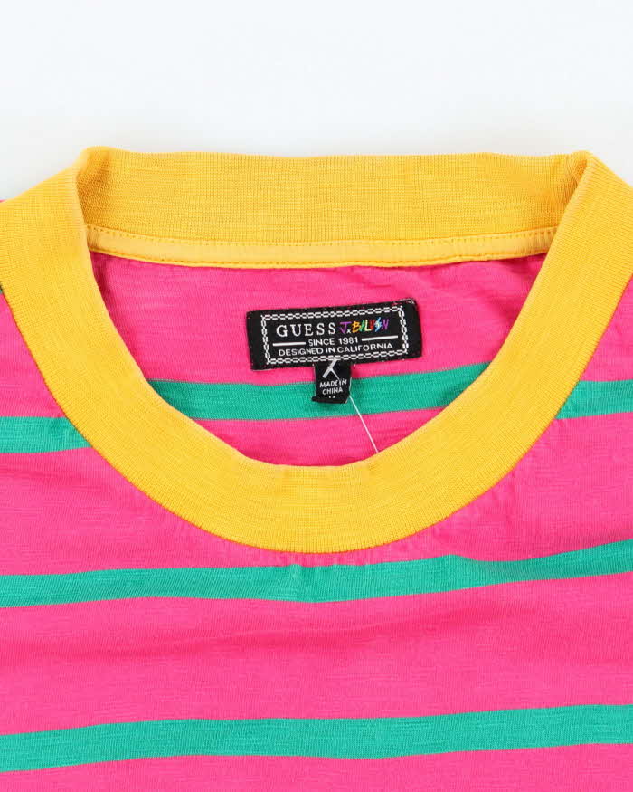 Vintage 90's Guess Embroidered Logo Striped T-Shirt - L