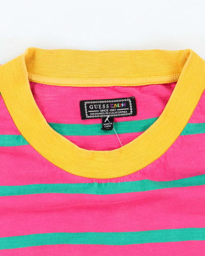 Vintage 90's Guess Embroidered Logo Striped T-Shirt - L