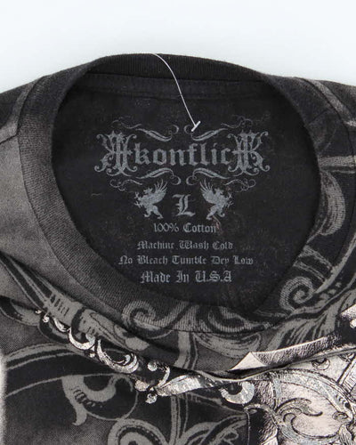 Vintage Y2K Konflic Gothic Style All Over Print Graphic T-Shirt - L