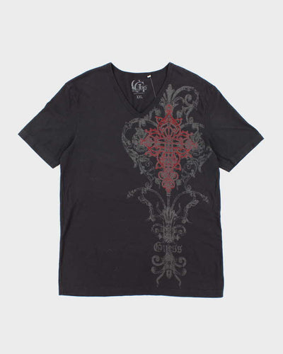 Vintage Y2K Guess Gothic Graphic V-Neck T-Shirt - XXL