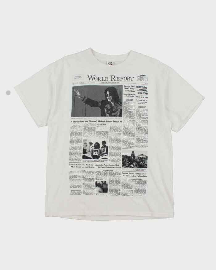Vintage Y2K World Report Newspaper Graphic T-Shirt - L