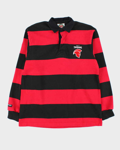 Vintage 90s Rugby Wear Sait Trojans Red & Black Striped Long Sleeve Polo Shirt - L