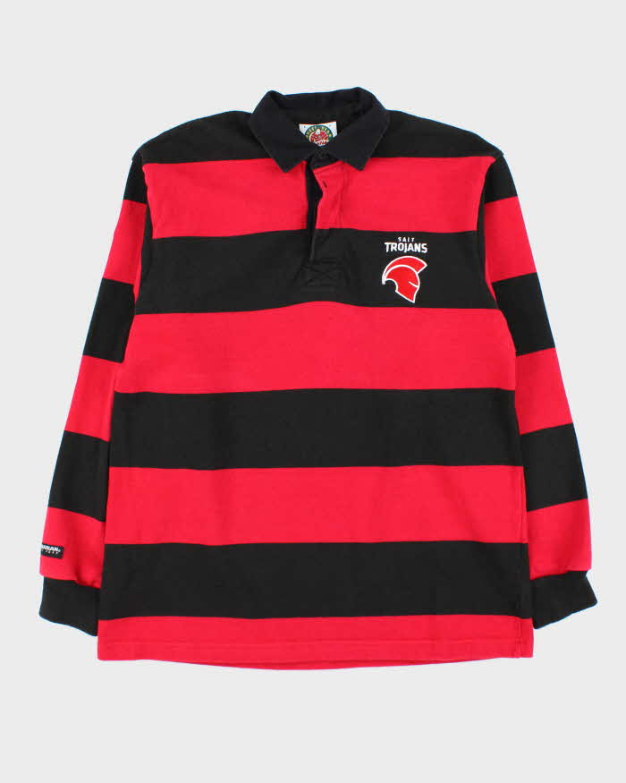 Vintage 90s Rugby Wear Sait Trojans Red & Black Striped Long Sleeve Polo Shirt - L