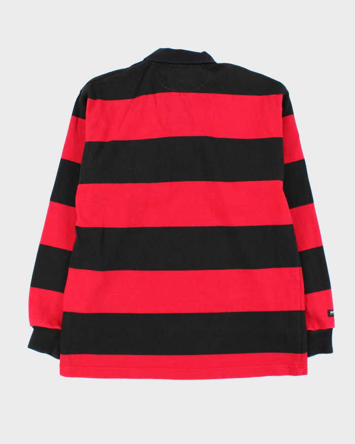 Vintage 90s Rugby Wear Sait Trojans Red & Black Striped Long Sleeve Polo Shirt - L