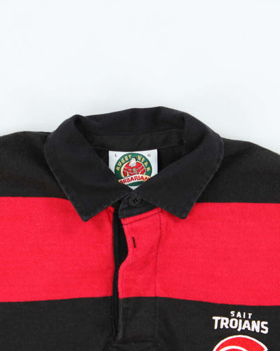 Vintage 90s Rugby Wear Sait Trojans Red & Black Striped Long Sleeve Polo Shirt - L