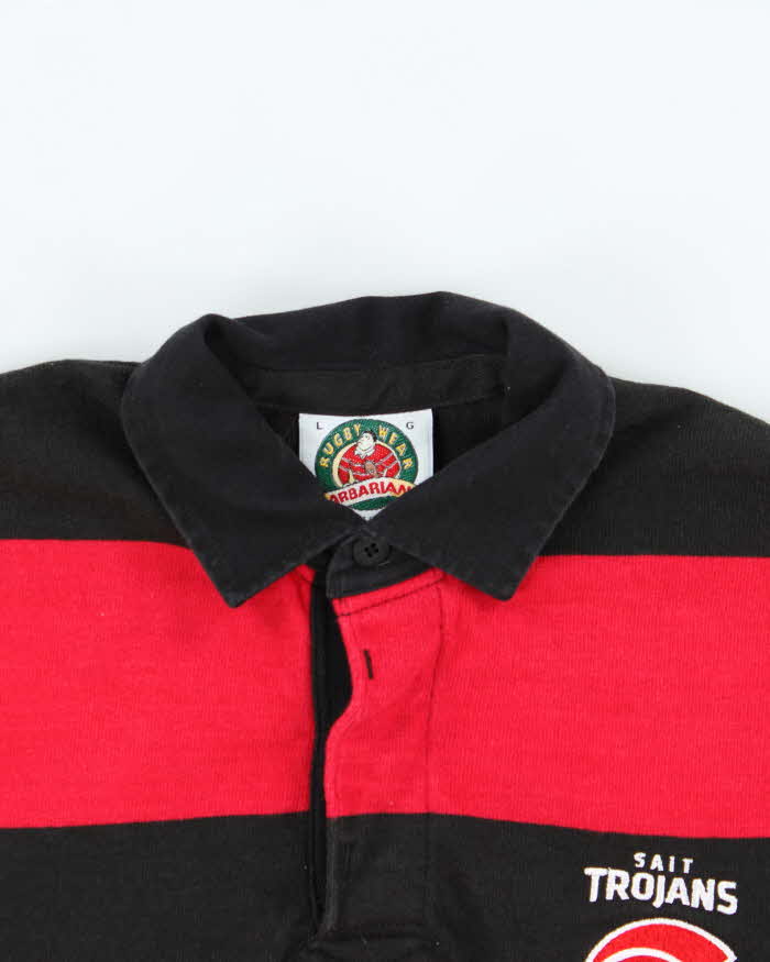 Vintage 90s Rugby Wear Sait Trojans Red & Black Striped Long Sleeve Polo Shirt - L