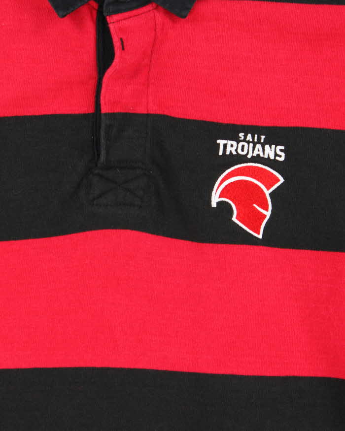 Vintage 90s Rugby Wear Sait Trojans Red & Black Striped Long Sleeve Polo Shirt - L