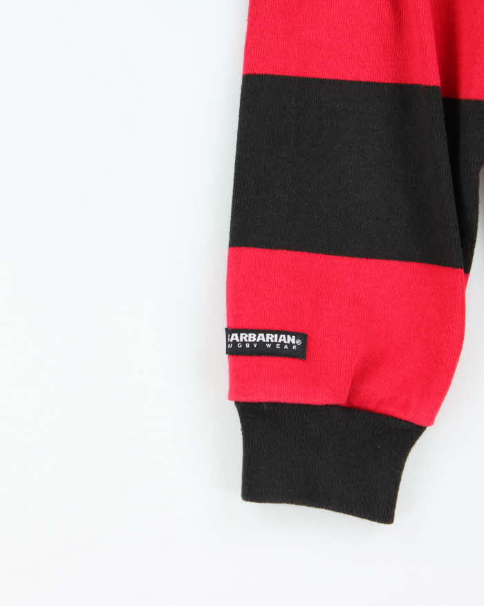 Vintage 90s Rugby Wear Sait Trojans Red & Black Striped Long Sleeve Polo Shirt - L