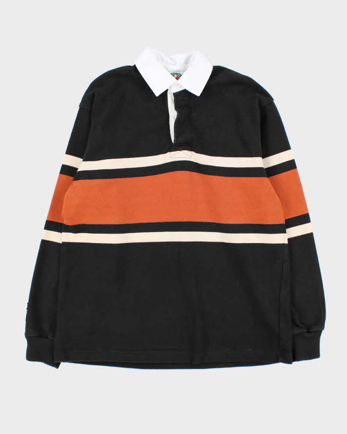 Vintage 90s Rugby Wear Black &amp; Orange Striped Long Sleeve Polo Shirt - S