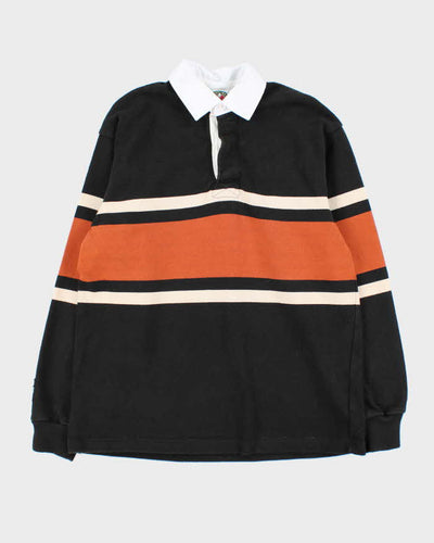 Vintage 90s Rugby Wear Black & Orange Striped Long Sleeve Polo Shirt - S