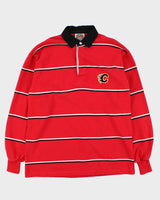 Vintage 90s Rugby Wear Calgary Flames NHL Red &amp; Black Striped Long Sleeve Polo Shirt - L