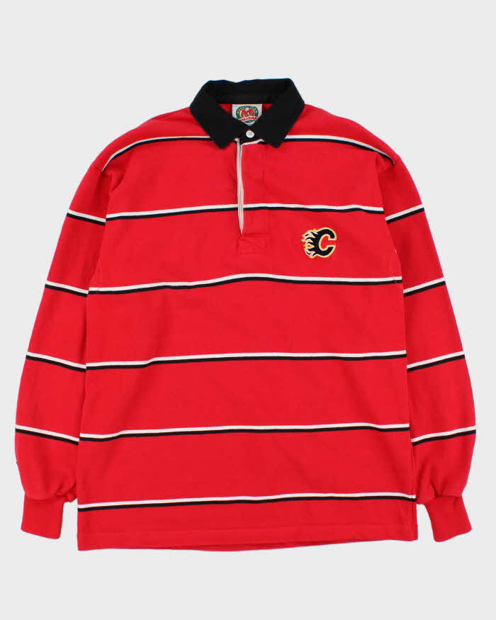 Vintage 90s Rugby Wear Calgary Flames NHL Red &amp; Black Striped Long Sleeve Polo Shirt - L