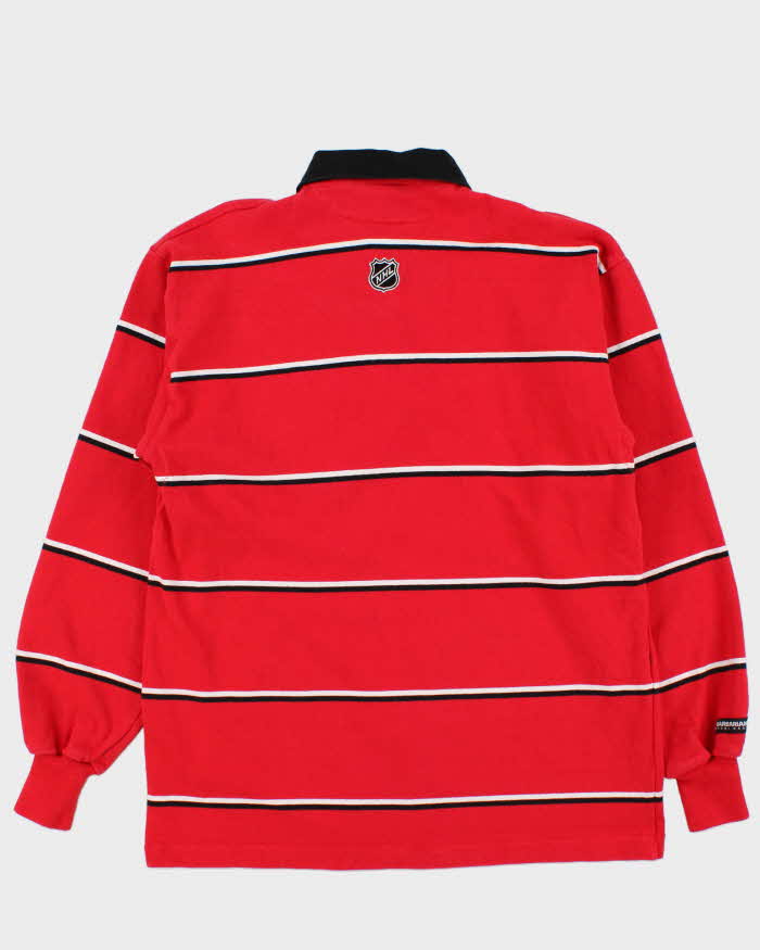 Vintage 90s Rugby Wear Calgary Flames NHL Red &amp; Black Striped Long Sleeve Polo Shirt - L