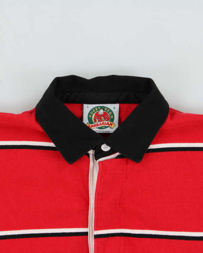 Vintage 90s Rugby Wear Calgary Flames NHL Red & Black Striped Long Sleeve Polo Shirt - L