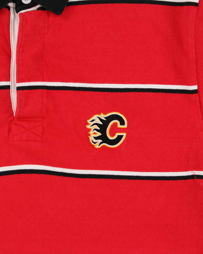 Vintage 90s Rugby Wear Calgary Flames NHL Red &amp; Black Striped Long Sleeve Polo Shirt - L
